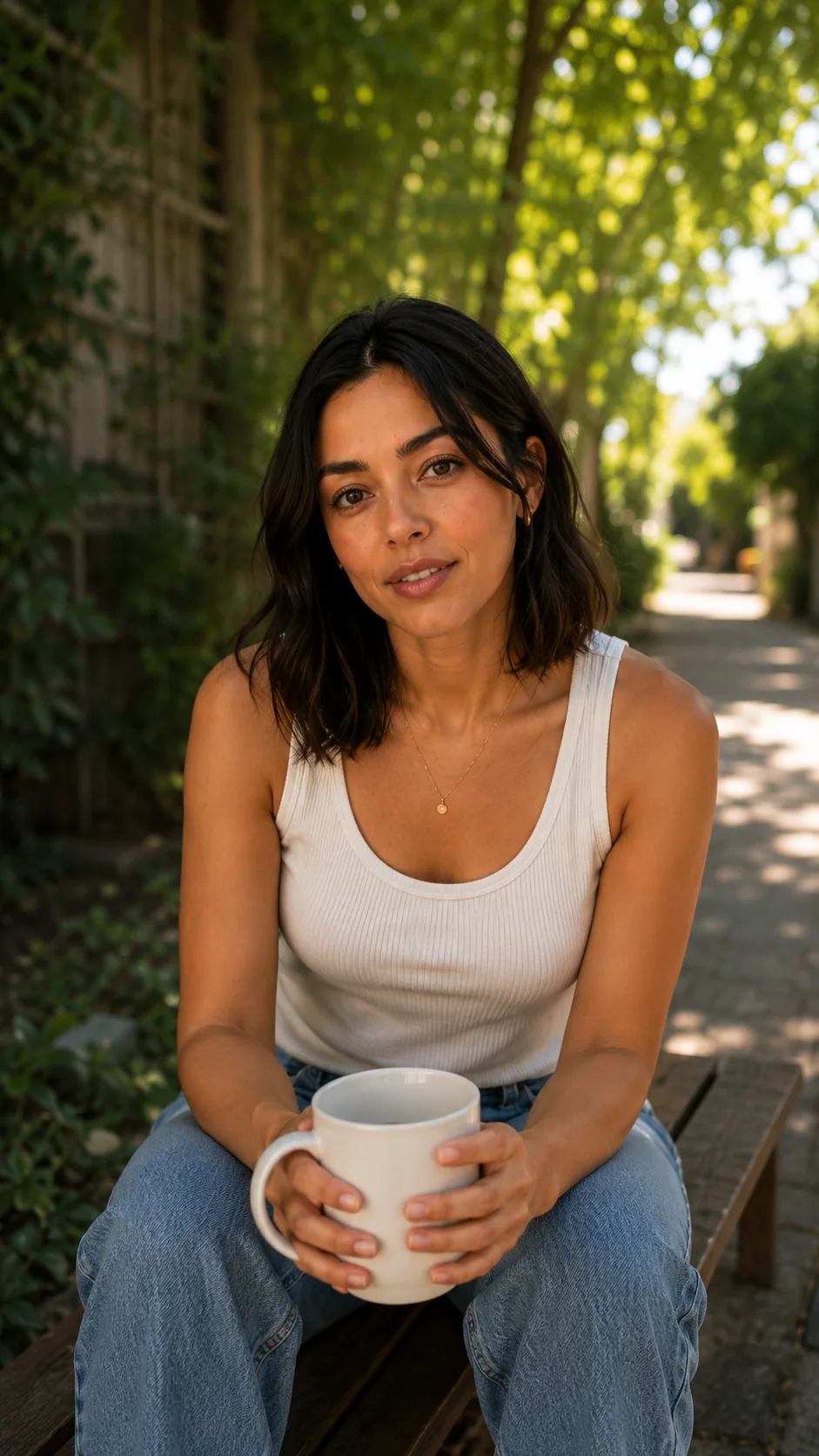 Elena sentada al aire libre con una taza entre las manos